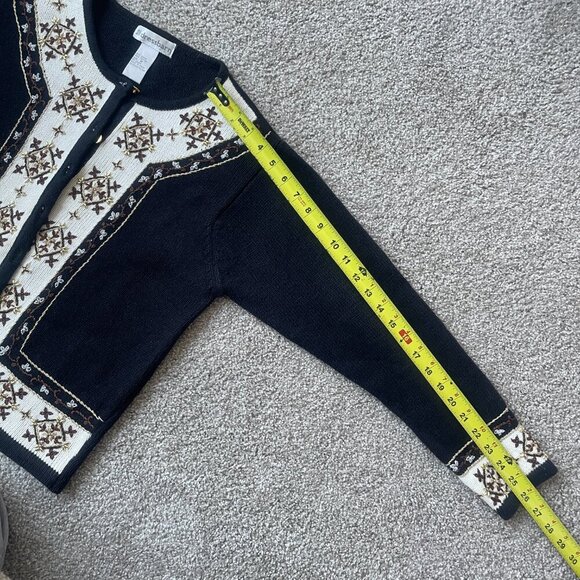 Vintage Grandma Chic Cardigan Black & White Beaded Cotton Ramie Button Up - Picture 7 of 9